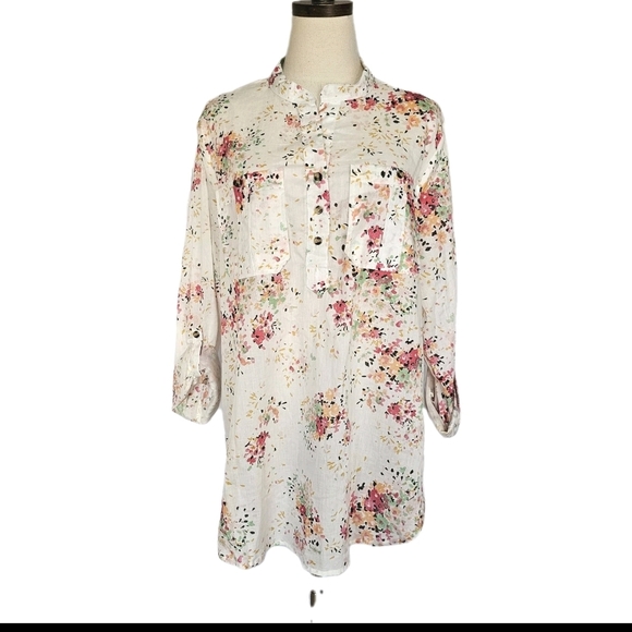 Eden & Olivia XL Ivory Roll Up Tab Floral Cotton Buttondown Longsleeve Blouse - Picture 1 of 16